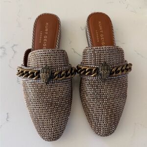 Kurt Geiger Tweed Mules with Gold Chain Accent